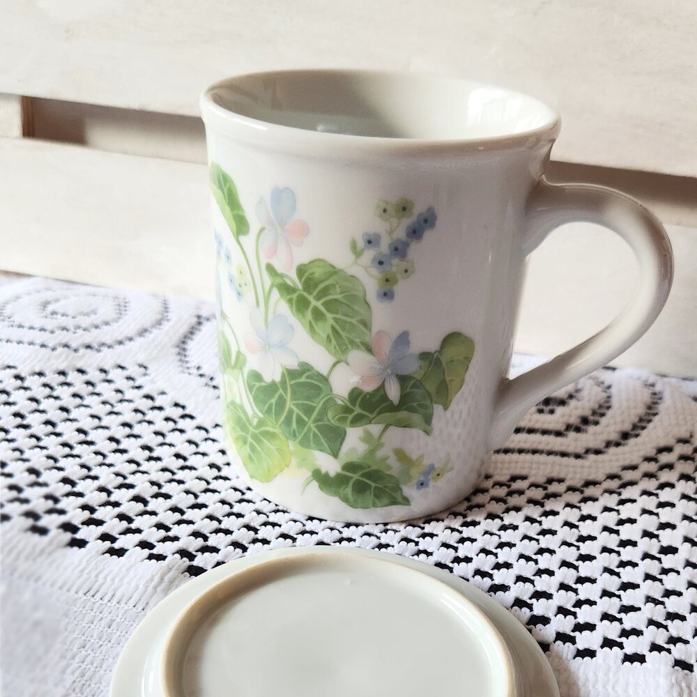 Flower Mug, Toscany Collection Floral Tea Coffee Cup Mug with Coaster Lid Blue
